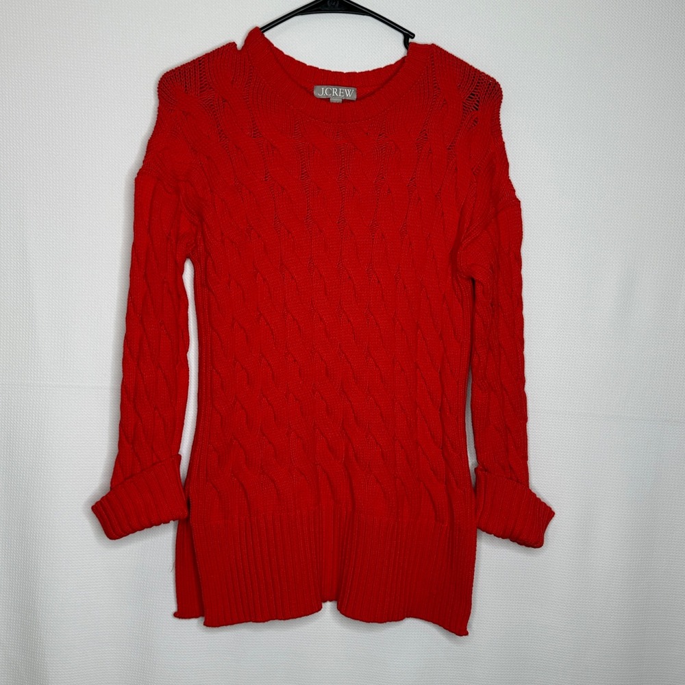J.Crew Sweater Cable Knit Red Side Slit Long Sleeve Cotton Blend size XS/S